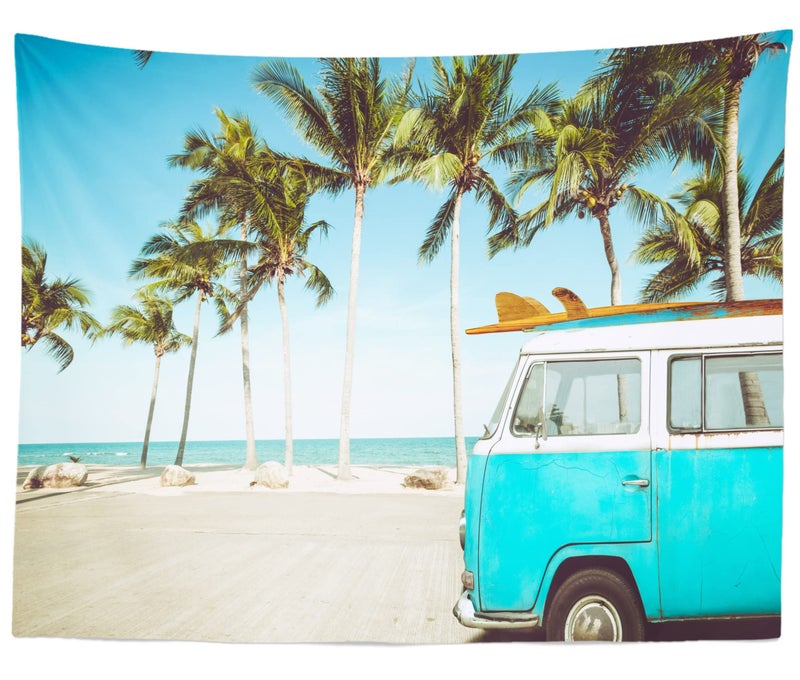 BELECO 9x6ft Fabric Tropical Beach Backdrop Vintage Blue Bus Surfboard Holiday Travel Camping Background Summer Hawaii Surfing Phtography Backdrop Luau Party Decoration Birthday Banner Photoshoot - Image 1